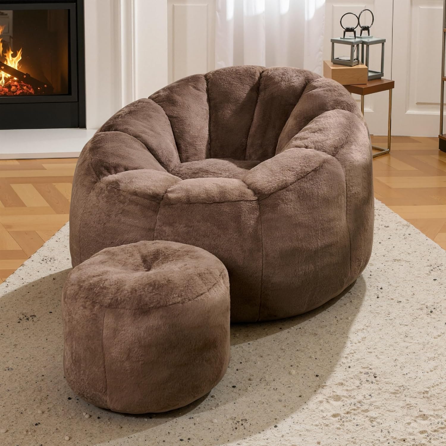 Bean Bag Chair, Bean Bag Chair with Ottoman, Stuffed Bean Bag Chairs with Filler, Big Beanbag Chairs with Filling for Living Room (Faux Fur in Brown, 40.6" D×41.4" W×27.6" H)