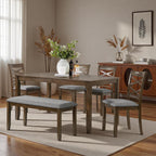 Dining Table Set, Wooden Kitchen Table Set with Rectangular Table, 4 Flat X Backrest Upholstered Chairs & a Bench, Table and Chairs with Non-Slip Feetmats for 6 People, Living Room, Walnut