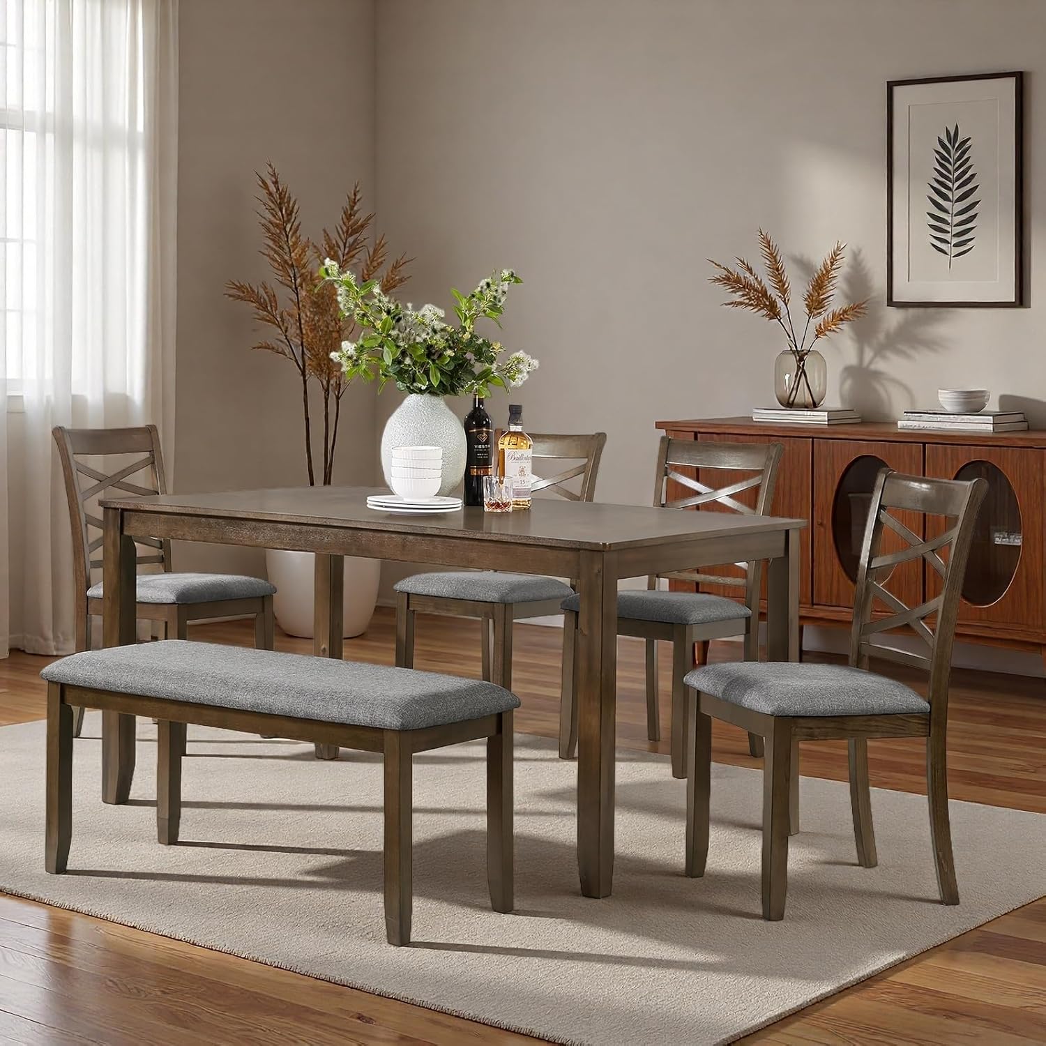 Dining Table Set, Wooden Kitchen Table Set with Rectangular Table, 4 Flat X Backrest Upholstered Chairs & a Bench, Table and Chairs with Non-Slip Feetmats for 6 People, Living Room, Walnut