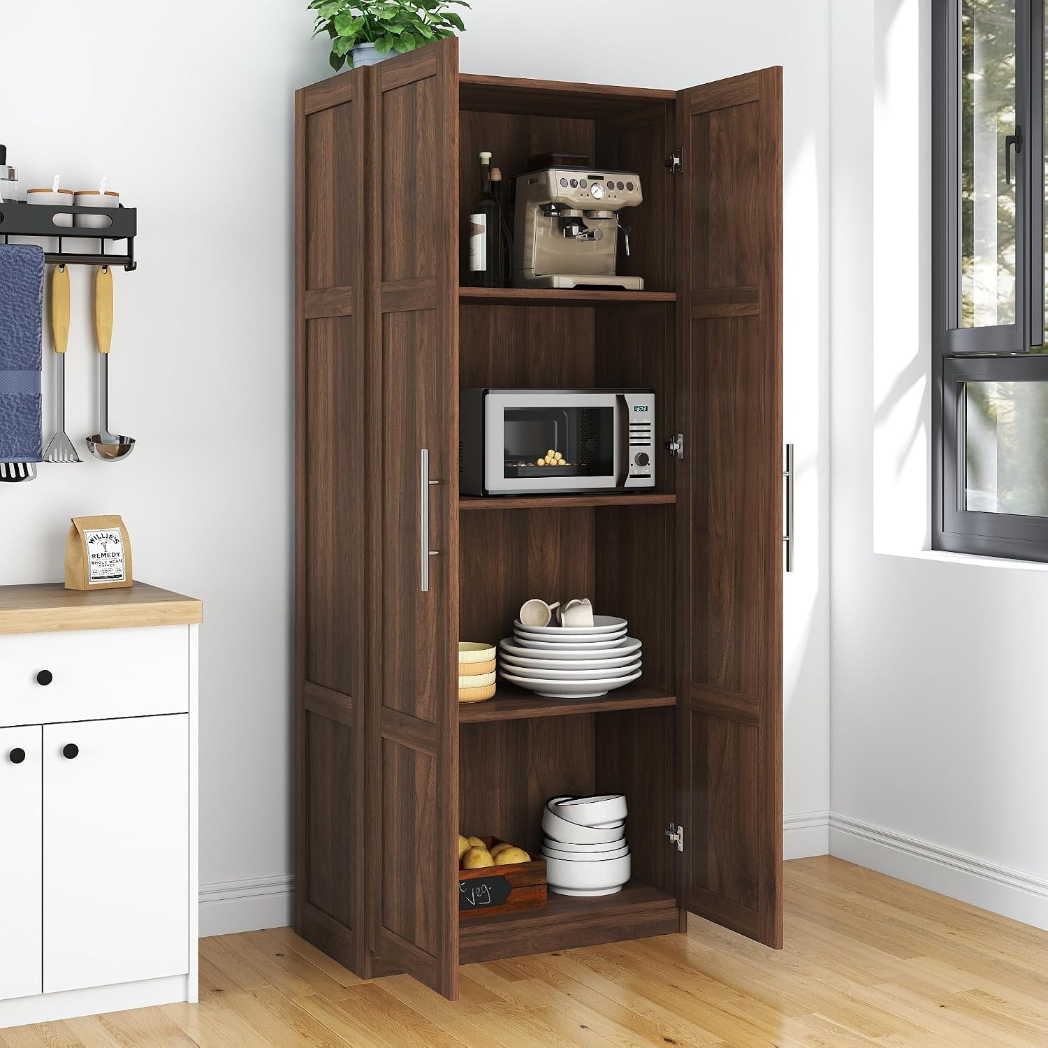 70.87'' Tall White Pantry Cabinet with 2 Doors 3 Adjustable Shelves Kitchen Storage Cupboard for Kitchen Dining Room Living Room, Walnut