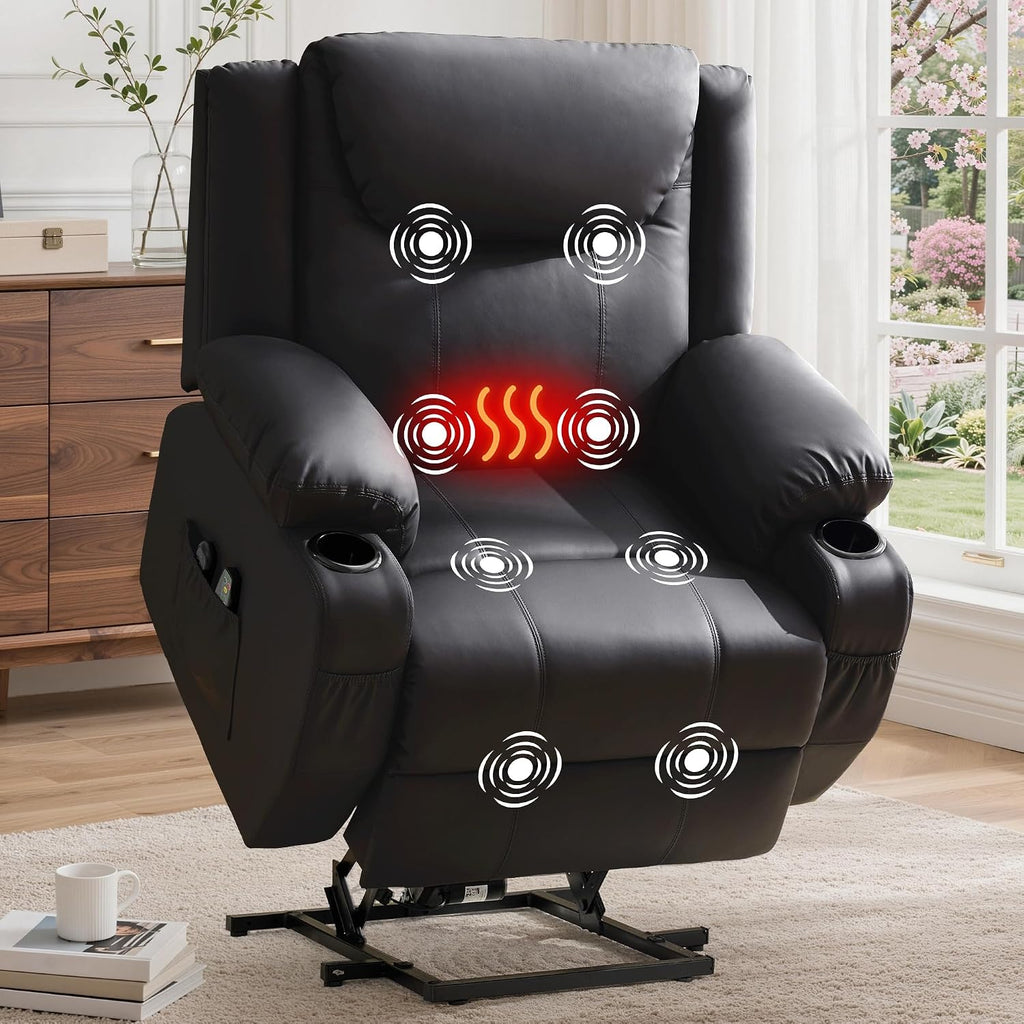 Korser Oversized Power Lift Recliner Chair with Massage and Heat for Elderly, 26" Overstuffed Wide Electric Recliner with 2 Side Pockets, Cup Holders, Lift Chair for Living Room, Faux Leather, Black