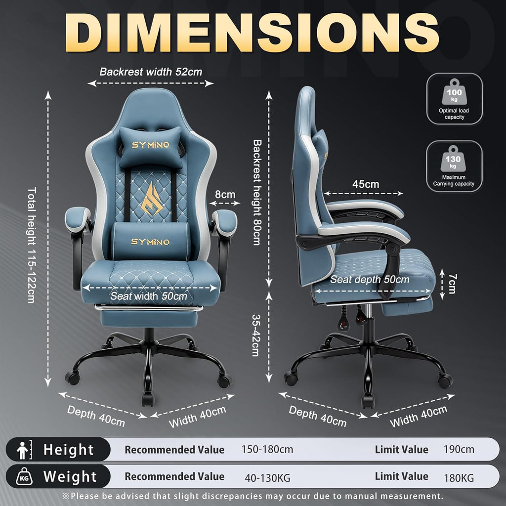 Symino Gaming Chair with Footrest, Linkage Armrests & 10cm Thick Seat, PU Leather Ergonomic Computer Chair, 150° Recline Office Chair, Light Blue