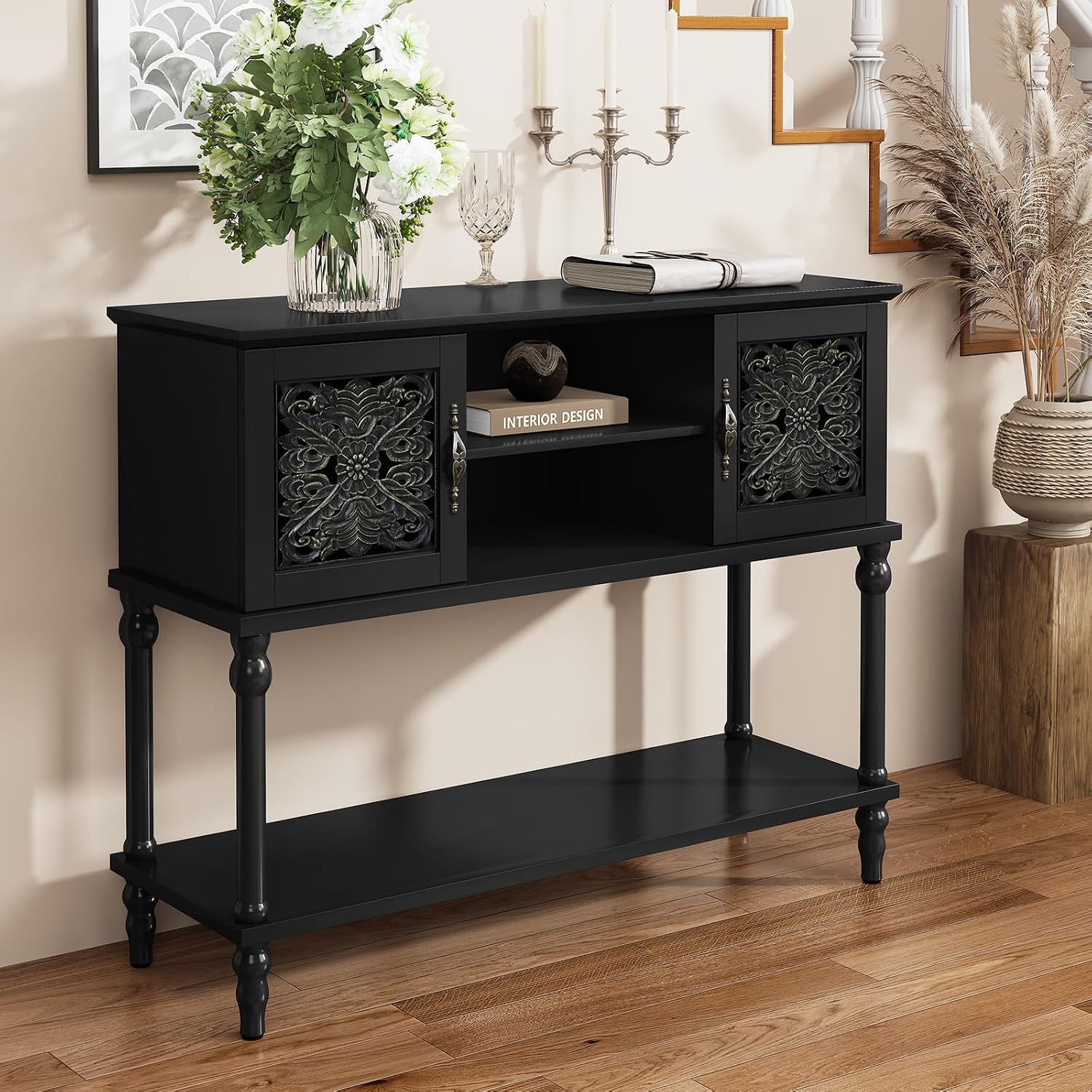 ARTPOWER Vintage Console Table with Hand-Carved Doors, 42" Narrow Entryway Table with Storage, Retro Sofa Table with Open Storage Shelf, Console Tables for Entryway, Hallway, Foyer, Living Room, Black