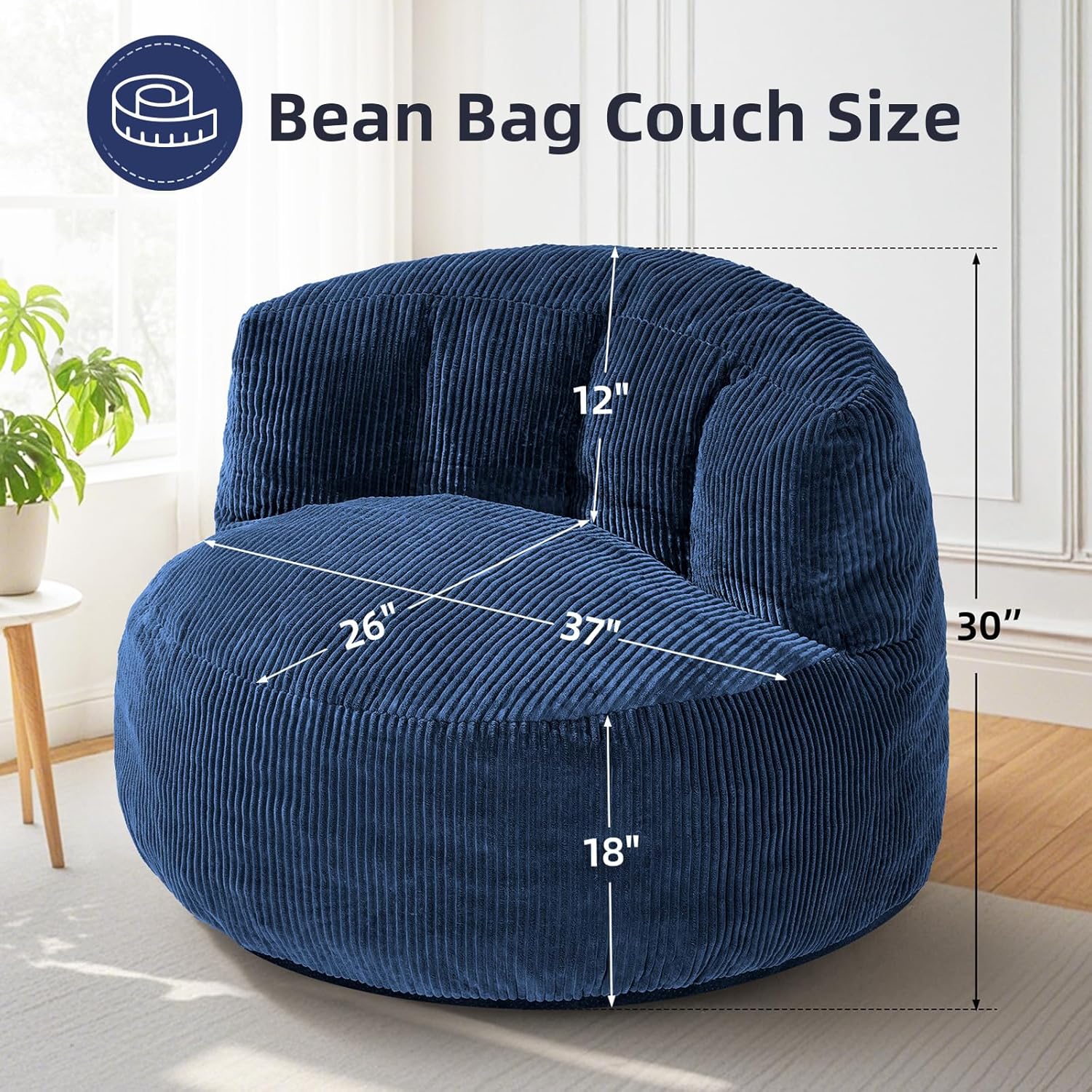 MASVIS Bean Bag Chair,3ft Memory Foam Bean Bag Chair for Adults Kids Teens,Soft Velvet Comfy Floor Chair with Supportive Backrest,Lazy Sofa Lounge Chair for Living Room Bedroom Game Room,Navy