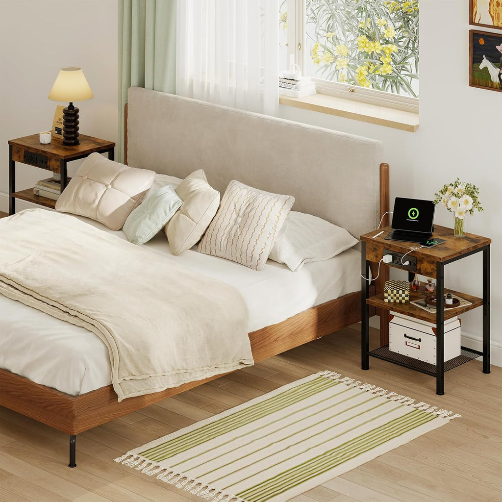 DUMOS 15.7" Small Side Table with Charging Station, End Table with Outlets & USB Ports, 3-Tier Adjustable Storage Nightstand for Living Room, Bedroom, Small Spaces, Record Player Stand, Rustic Brown