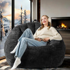 Giant Bean Bag Chair for Adults and Kids, Oversized BeanBag Couch Filler with Memory Foam, Faux Fur Shell-Shaped Boneless Chair for Reading, Stuffed Big Accent Sofa Living Room, Black