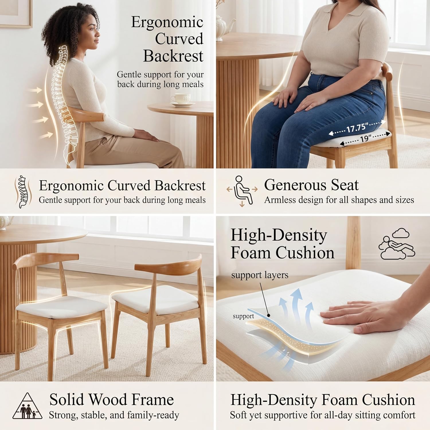 HNY Wooden Dining Chairs Set of 6, Mid Century Modern Dining Room Chairs with Natural Wood Legs & Open Curved Back, Upholstered Beige Linen Armless Kitchen Chair for Dining Room Restaurant