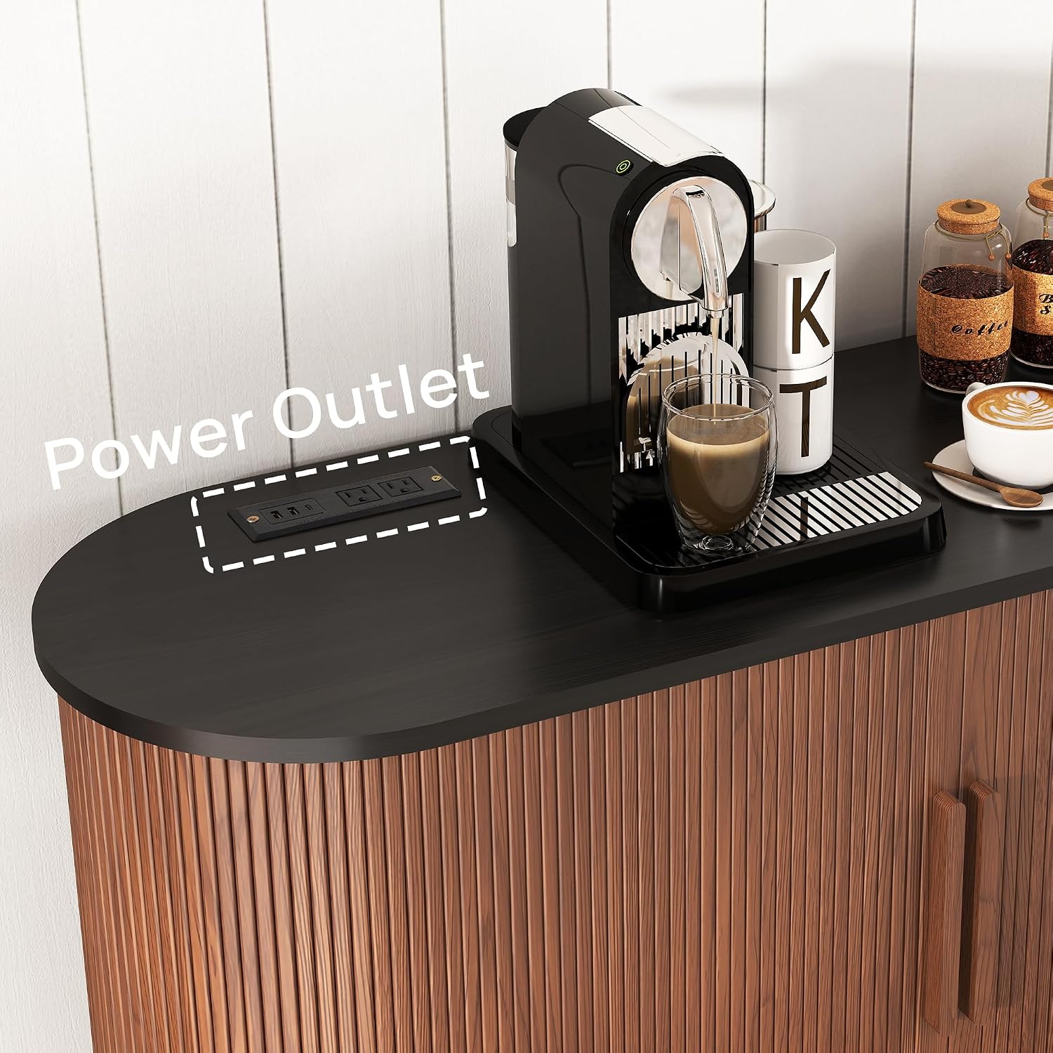 47" Modern Buffet Cabinet with Charging Station, Mid-Century Fluted Sideboard Table, Rounded Console with Storage & USB/Type-C Ports for Dining Room Kitchen Coffee Bar, Walnut