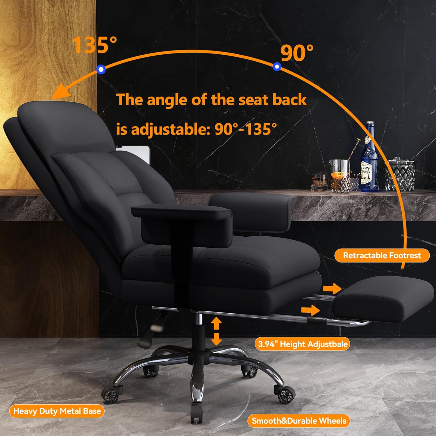 Office Chair with Leg Rest, Leather High Back Executive Office Chair with Wheels, Ergonomic Desk Chairs with Lumbar Support for Home Office, Black