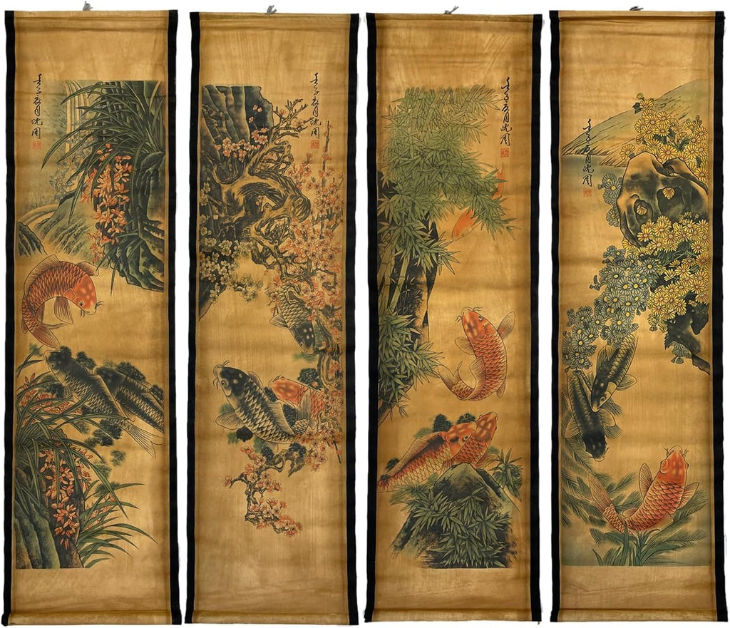 4PCS/Set Wall Scroll Hanging Painting Decor Japanese Koi Fish Flower Fengshui, Ancient Paintings Replica Asia Traditional Art, Attract Wealth Four Seasons