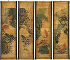 4PCS/Set Wall Scroll Hanging Painting Decor Japanese Koi Fish Flower Fengshui, Ancient Paintings Replica Asia Traditional Art, Attract Wealth Four Seasons