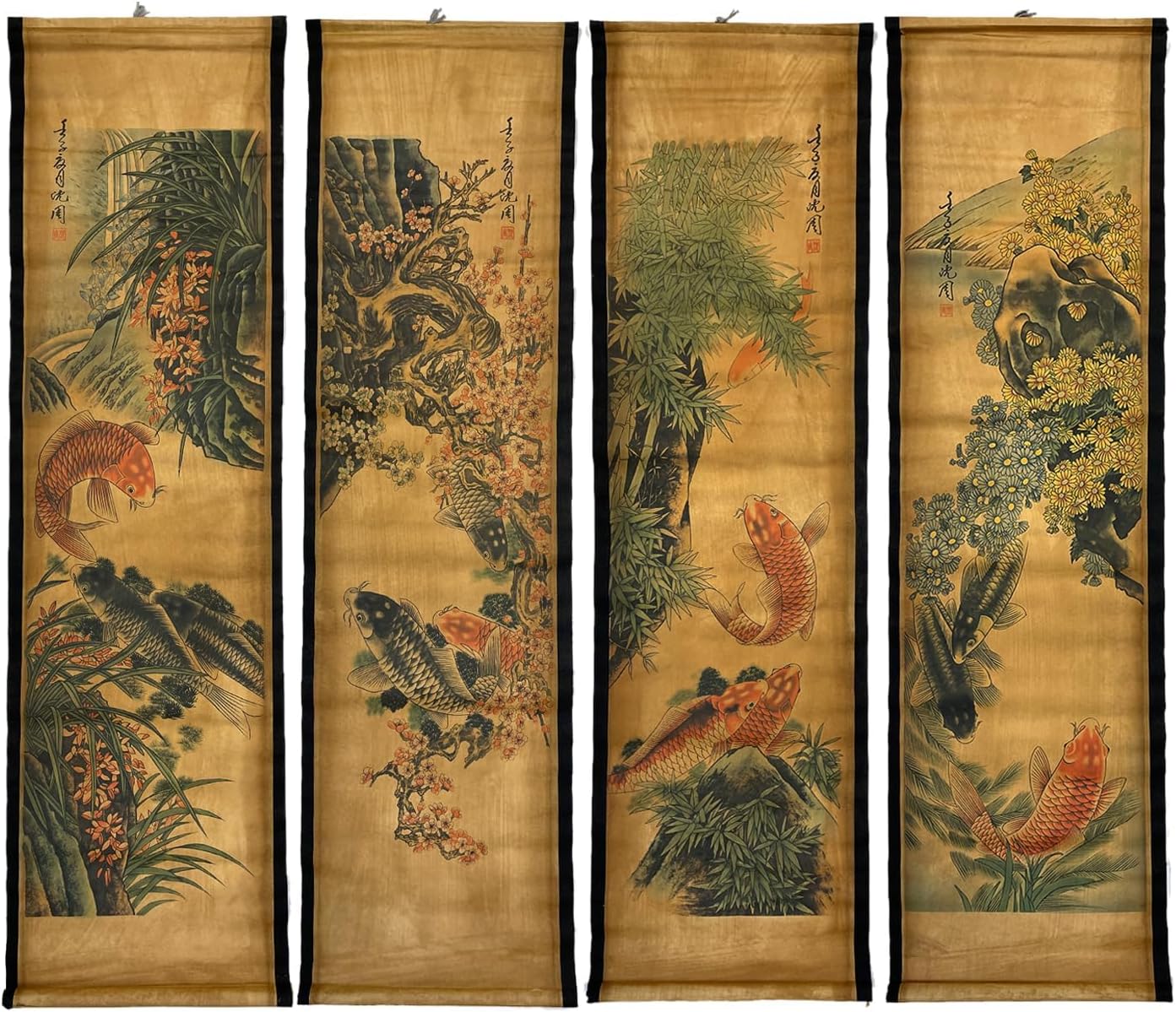 4PCS/Set Wall Scroll Hanging Painting Decor Japanese Koi Fish Flower Fengshui, Ancient Paintings Replica Asia Traditional Art, Attract Wealth Four Seasons
