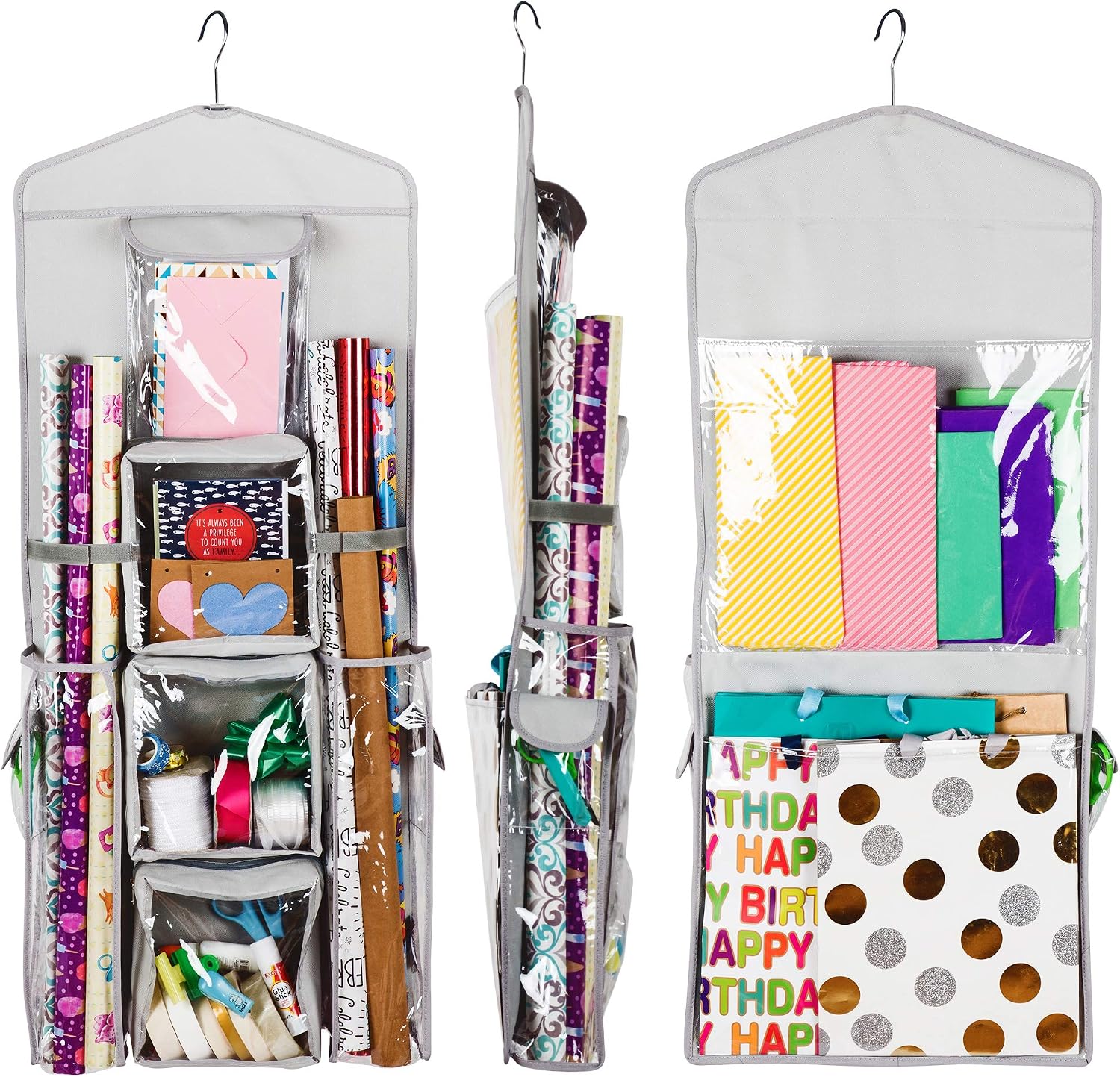 Double-Sided Hanging Gift Bag and Gift Wrap Organizer (Light Grey)