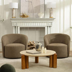 KINWELL 34" W Swivel Barrel Chair Set of 2, Mid Century Modern Round Upholstered Boucle Swivel Accent Chairs, No Assembly Sofa Chair for Living Room Bedroom Reading, Teddy Brown