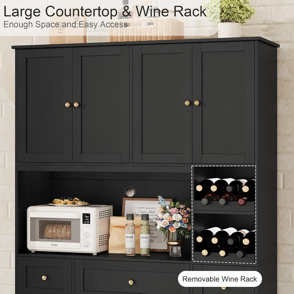 BOTLOG 72" Tall Black Pantry Cabinet, Kitchen Hutch with Wine Rack, Microwave Stand, Buffet Cabinet with Hutch for Dining Room Kitchen, Home Bar Black