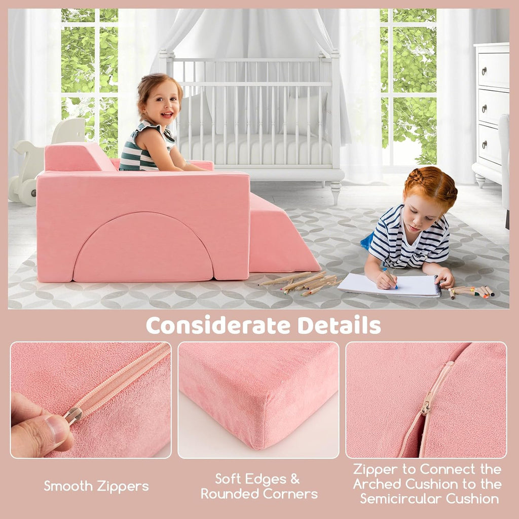 Costzon Convertible Toddler Couch, 8PCS Kids Modular Play Sofa w/Detachable Cover for Playroom, Creative Couch for Playing, Creating & Sleeping, Imaginative Furniture for Girls & Boys (Pink)