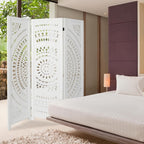 3 Panel White Room Divider, 67 Inch Wood Carved Privacy Screen, Bohemian Style Folding Room Divider, Portable Partition Wall Divider for Room Separation (White)