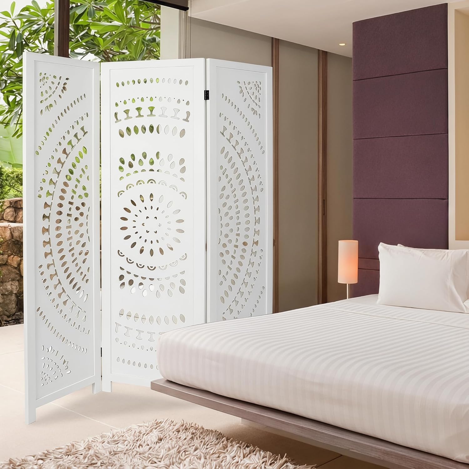 3 Panel White Room Divider, 67 Inch Wood Carved Privacy Screen, Bohemian Style Folding Room Divider, Portable Partition Wall Divider for Room Separation (White)