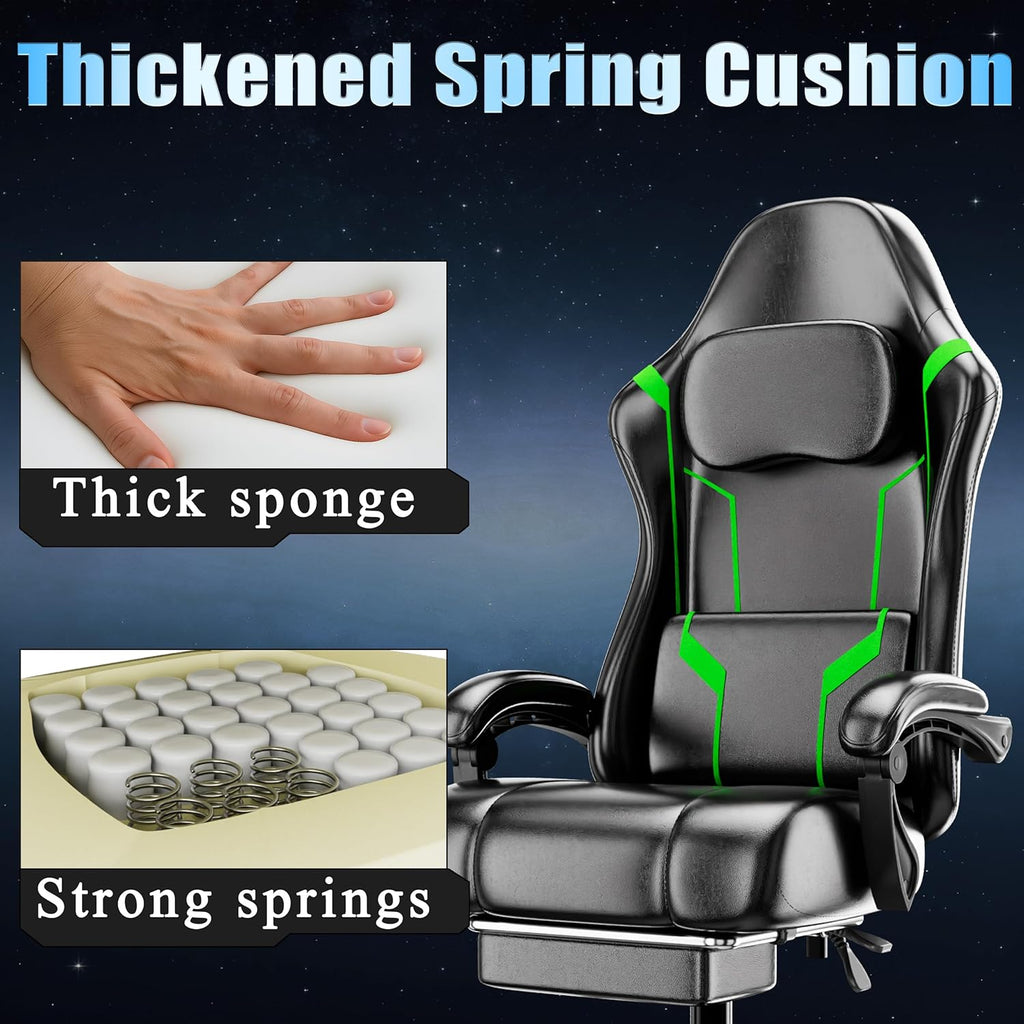 Gaming Chair with Footrest, Ergonomic Gamer Chair with Pocket Spring Cushion and Lumbar Pillow, Video Game Chair for Adults (Black + Green)