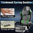 Gaming Chair with Footrest, Ergonomic Gamer Chair with Pocket Spring Cushion and Lumbar Pillow, Video Game Chair for Adults (Black + Green)