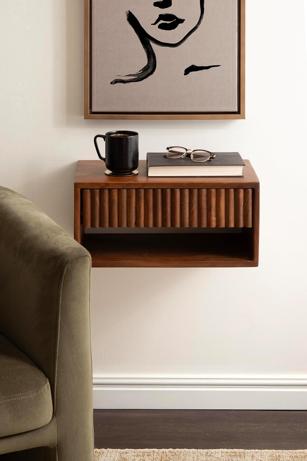 Kate and Laurel Reid Ribbed Wooden Tiered Floating Side Table, 18 x 10 x 9, Walnut Brown, Modern Rectangular Mango Wood Floating Nightstand with Drawer for Bedroom Storage or Living Room End Table