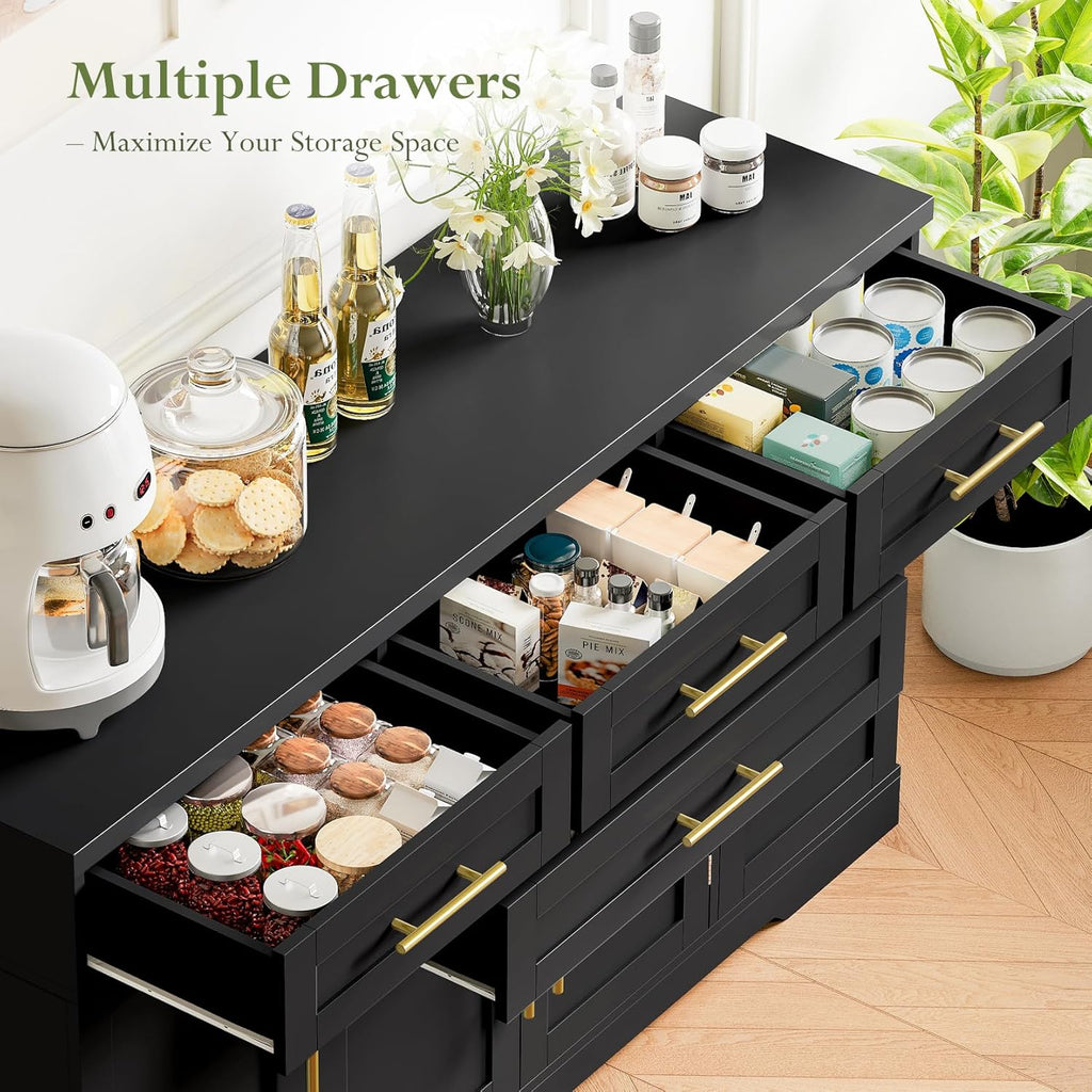 Concho 54" Buffet Cabinet with Storage, Kitchen Sideboard Cabinet with 4 Drawers, Coffee Bar Cabinet with Shelves, Modern Storage Cabinet for Dining Room, Living Room & Kitchen, Black