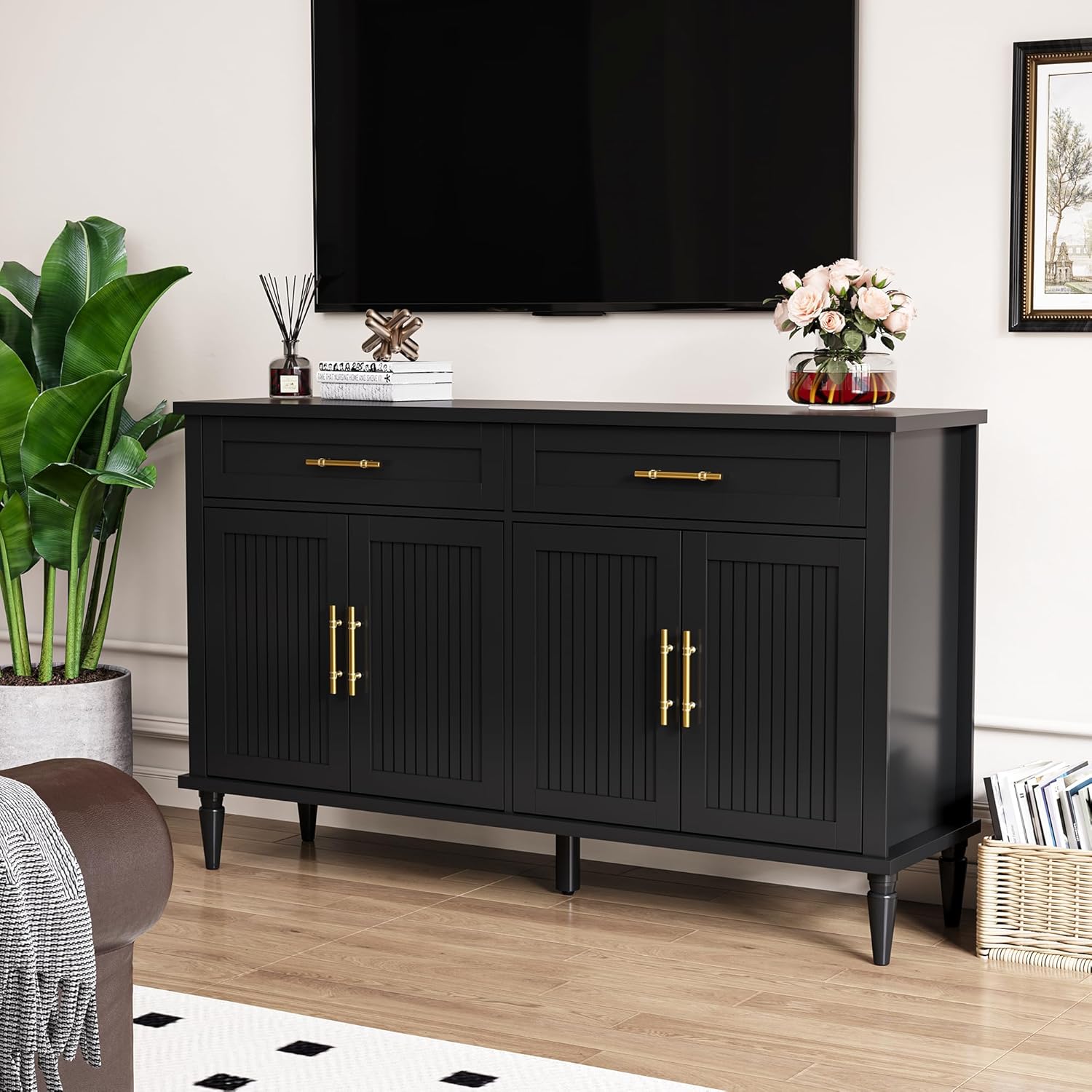 58 Inch Sideboard Buffet Cabinet with Storage, Fluted Buffet Storage Cabinet with 2 Drawers and 4 Doors, Modern Coffee Bar with Adjustable Shelves for Living Room, Kitchen (Black)