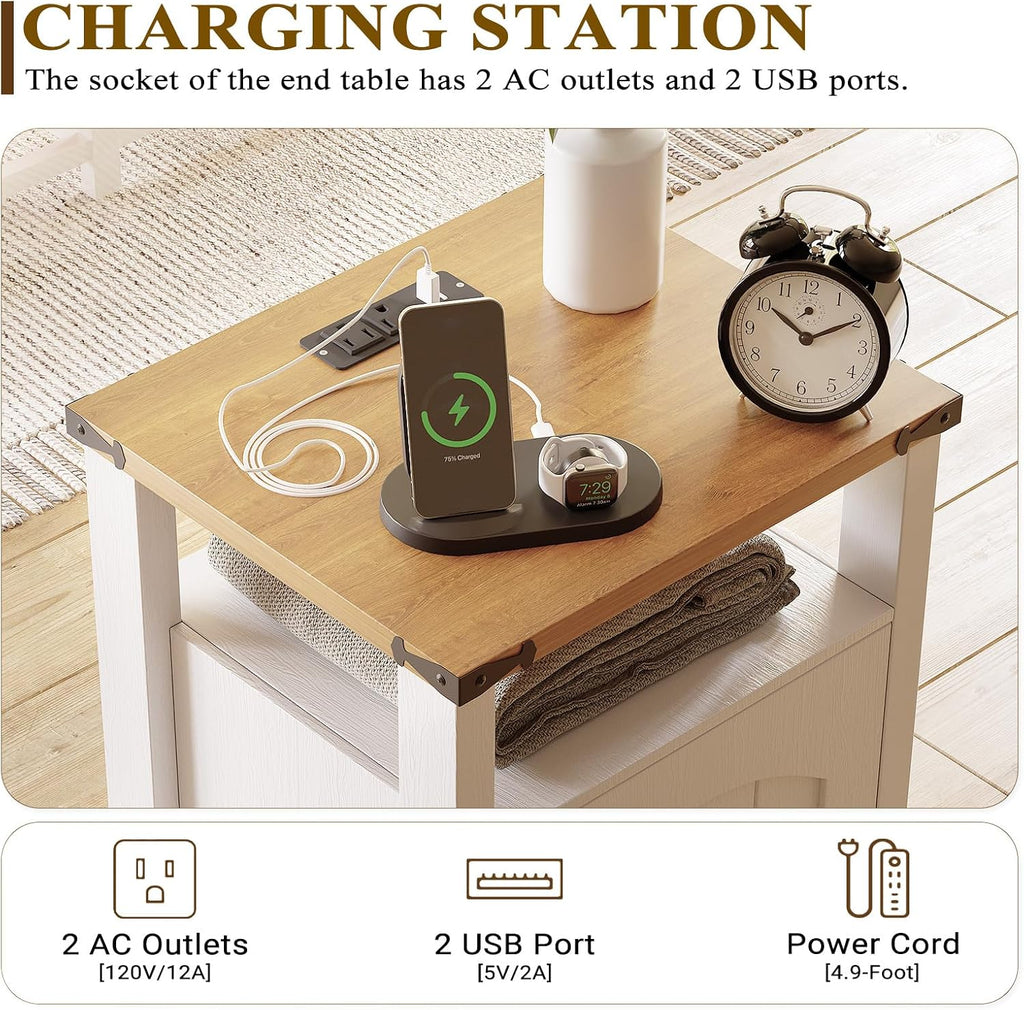 Farmhouse End Tables Set of 2 with Charging Station, White Nightstands with USB Ports & AC Outlets, Side Tables with Storage Cabinet and Open Shelf for Bedroom, Living Room, Apartment, 2026, Modern