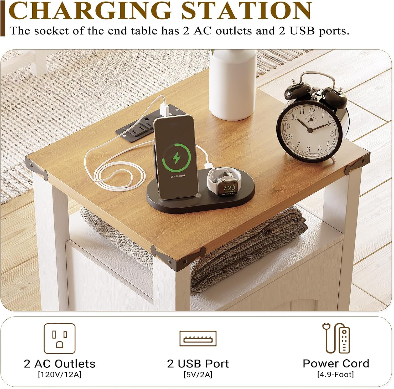 Farmhouse End Tables Set of 2 with Charging Station, White Nightstands with USB Ports & AC Outlets, Side Tables with Storage Cabinet and Open Shelf for Bedroom, Living Room, Apartment, 2026, Modern