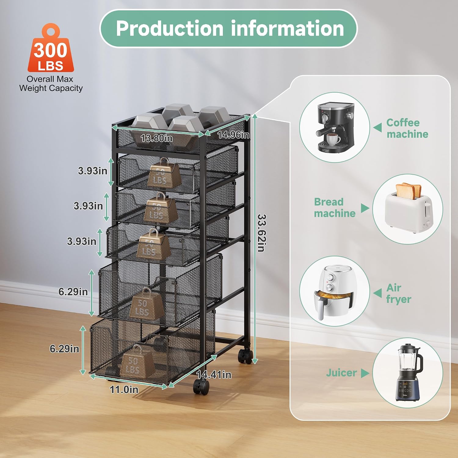 6-Tier Rolling Cart with 5 Drawers & Top Basket, Snack Cart with Wheels | Metal Utility Storage Cart - Fruit Vegetable Rack on Wheels, Kitchen Organization for Cans, Spices, Craft, Art, Beauty