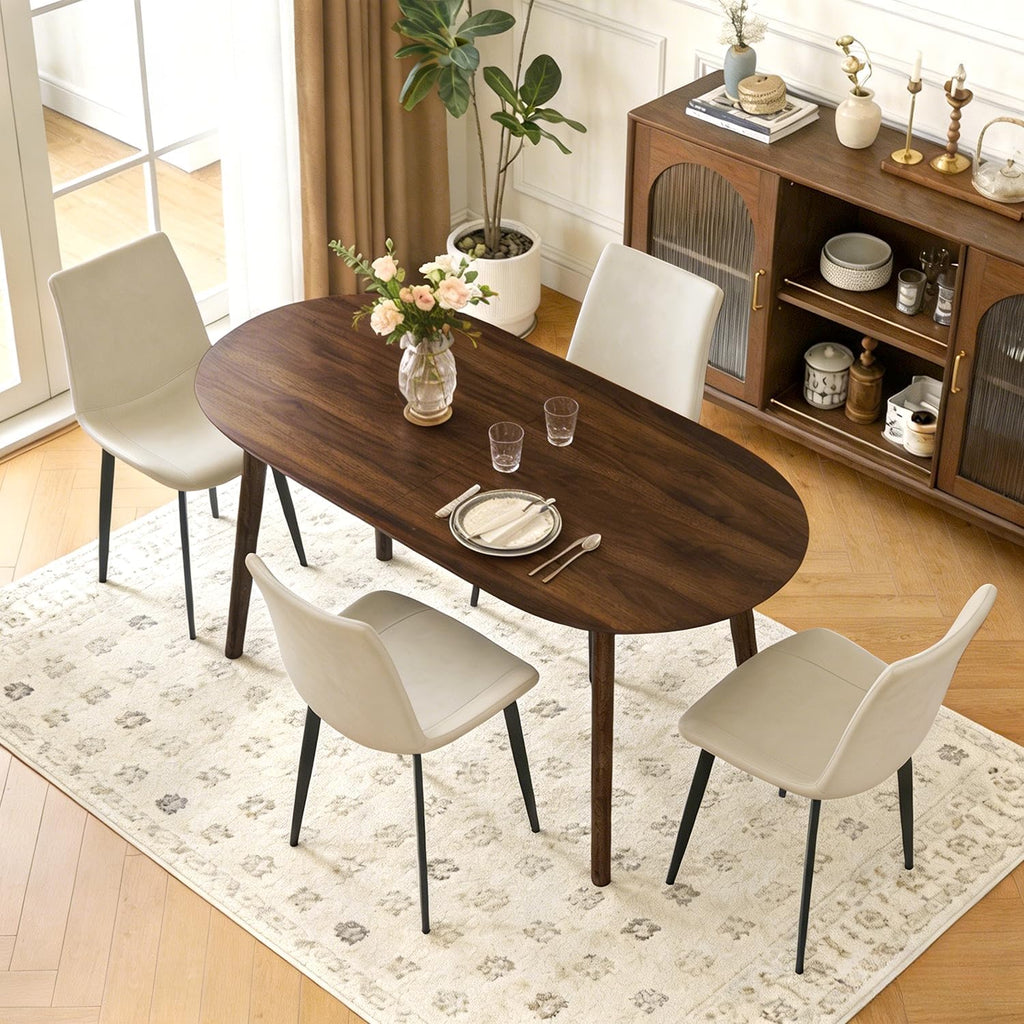63" Oval Dining Table Set for 4, 5 Piece Modern Dining Table Set for Kitchen and Dining Room, Solid Wood Legs Dining Table with 4 PU Leather Dining Chairs（Walnut Table+4 Beige