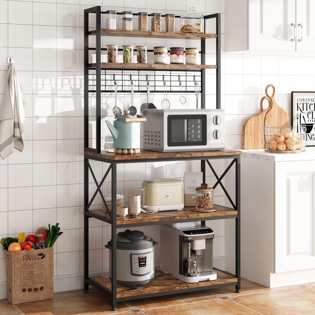 IDEALHOUSE 62in Kitchen Bakers Rack, 31in Coffee Bar Table 5 Tiers, Kitchen Microwave Stand with 6 s-Shaped Hooks, Open Storage Shelves for Spices, Pots and Pans, Rustic Brown
