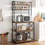 IDEALHOUSE 62in Kitchen Bakers Rack, 31in Coffee Bar Table 5 Tiers, Kitchen Microwave Stand with 6 s-Shaped Hooks, Open Storage Shelves for Spices, Pots and Pans, Rustic Brown