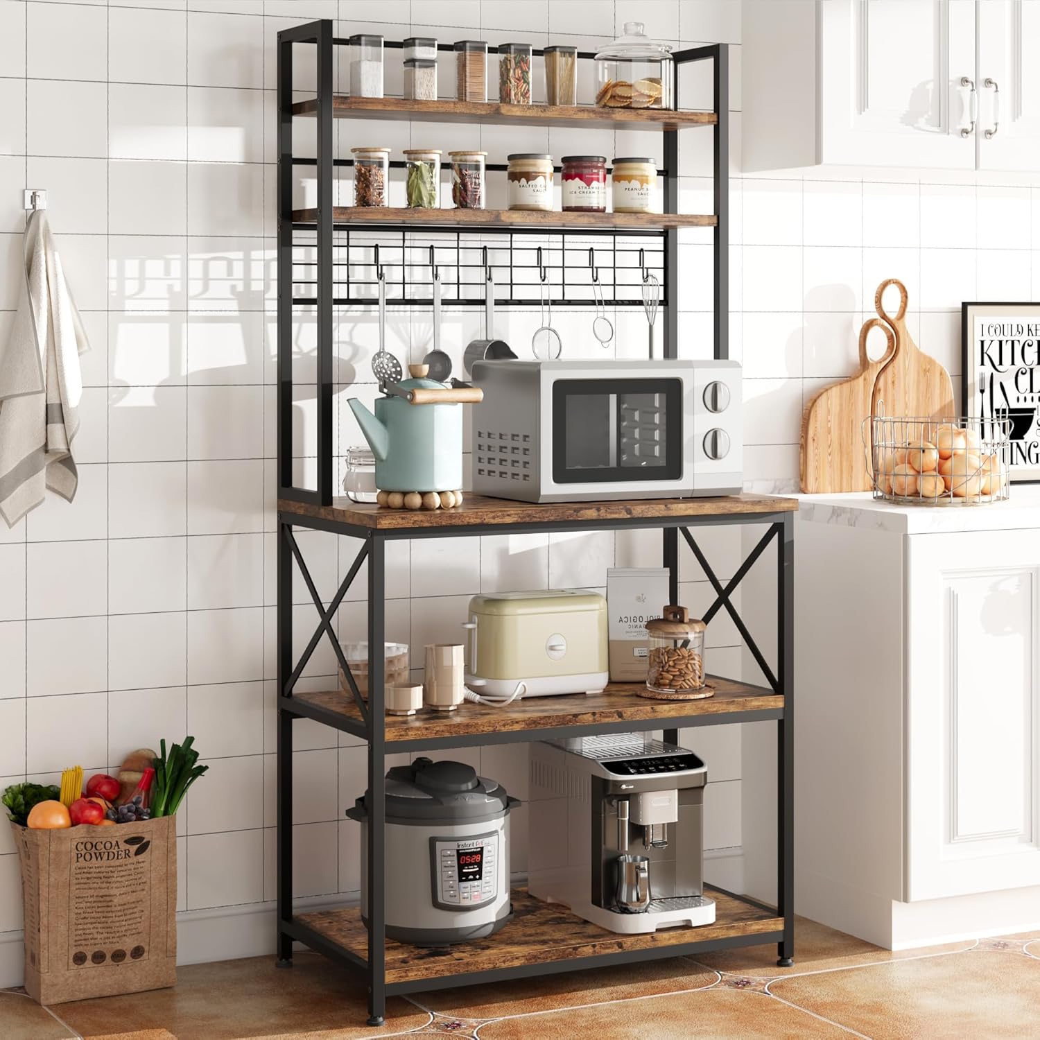IDEALHOUSE 62in Kitchen Bakers Rack, 31in Coffee Bar Table 5 Tiers, Kitchen Microwave Stand with 6 s-Shaped Hooks, Open Storage Shelves for Spices, Pots and Pans, Rustic Brown