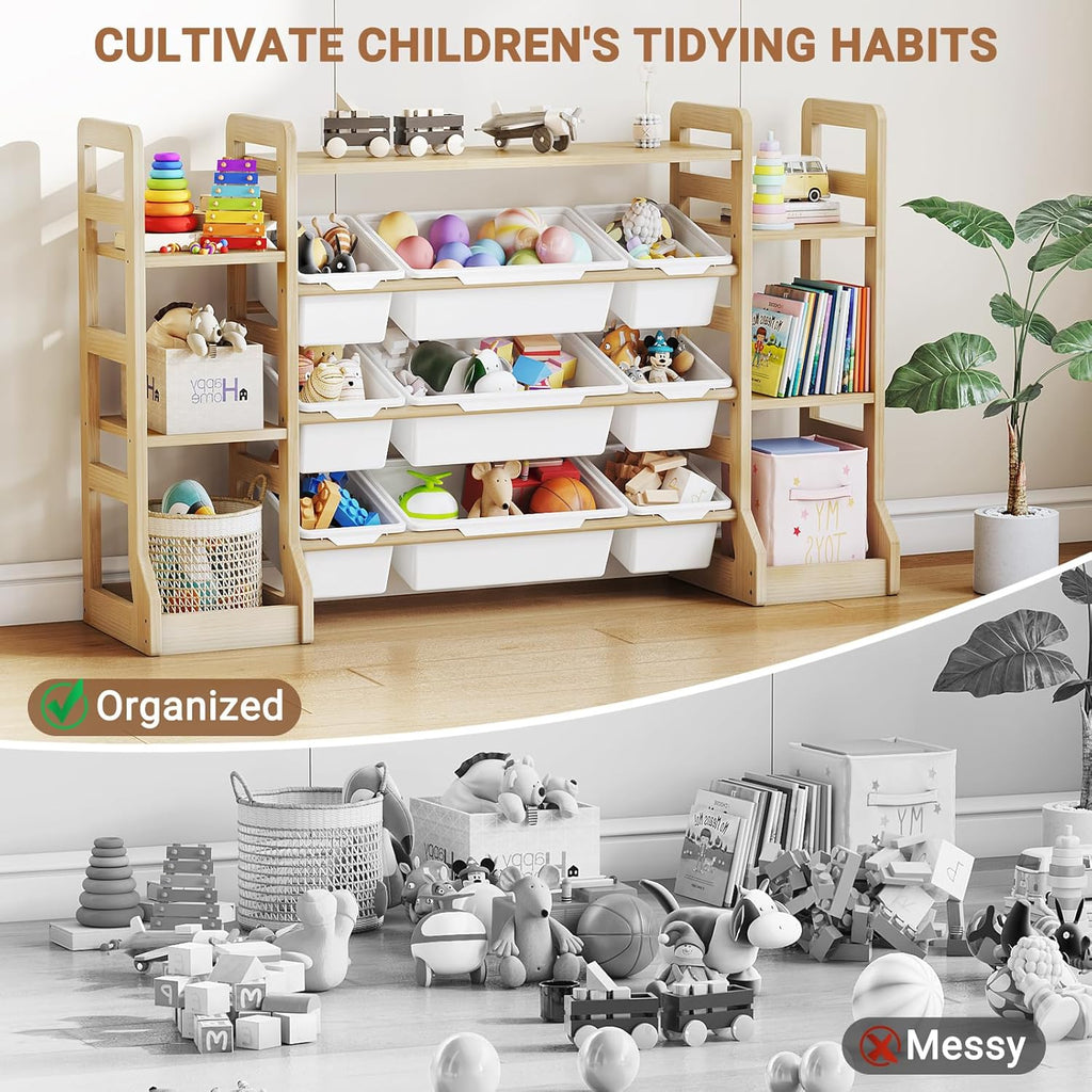Kids Toy Storage Organizer with Bookshelf, Wooden Toy Shelf with 6 Open Shelves and 9 Removable Bins, Extended Base Sturdy Storage Cabinet for Playroom, Kids Room, Nursery Organization