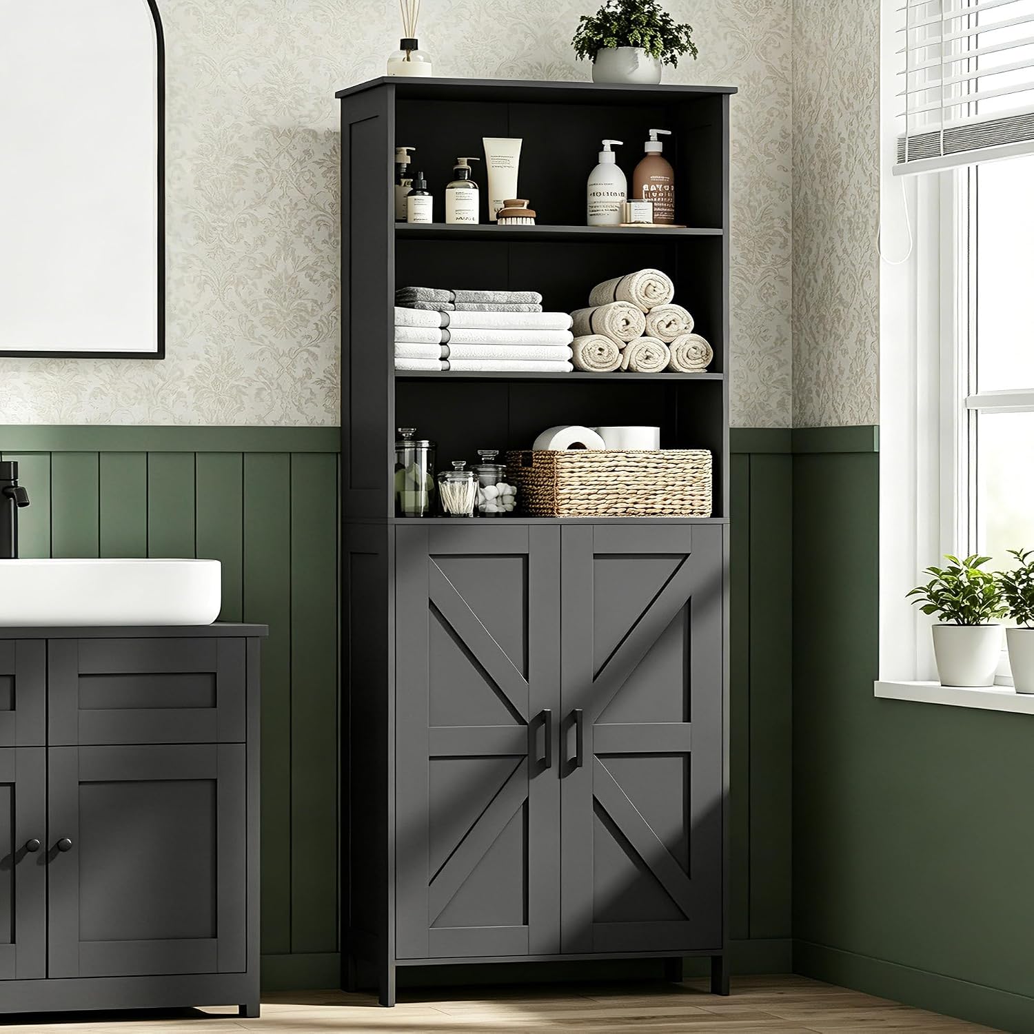 Homhedy 67" Tall Bathroom Storage Cabinet, Freestanding Farmhouse Cabinet with 2 Doors and Adjustable Shelf, Bathroom Organizers and Storage for Kitchen, Living Room, Laundry Room, Black