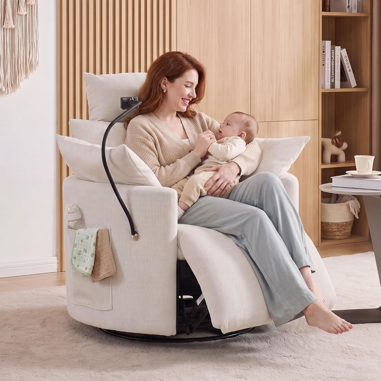 FOXHUNTER Manual Nursery Rocking Chairs Glider Rocking Chair 360°Swivel Rocking Recliner with Phone Holder,Footrest,Oversized Rocker Chair for Living Room, Chenille, White