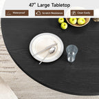 47 inch Round Dining Table for 4, Circle Kitchen Table with 2-Layer Storage Shelf and a Drawer, Modern Farmhouse Dinner Tables with Sliding Door and Wood Strip Base for Kitchen, Living Room (Black)
