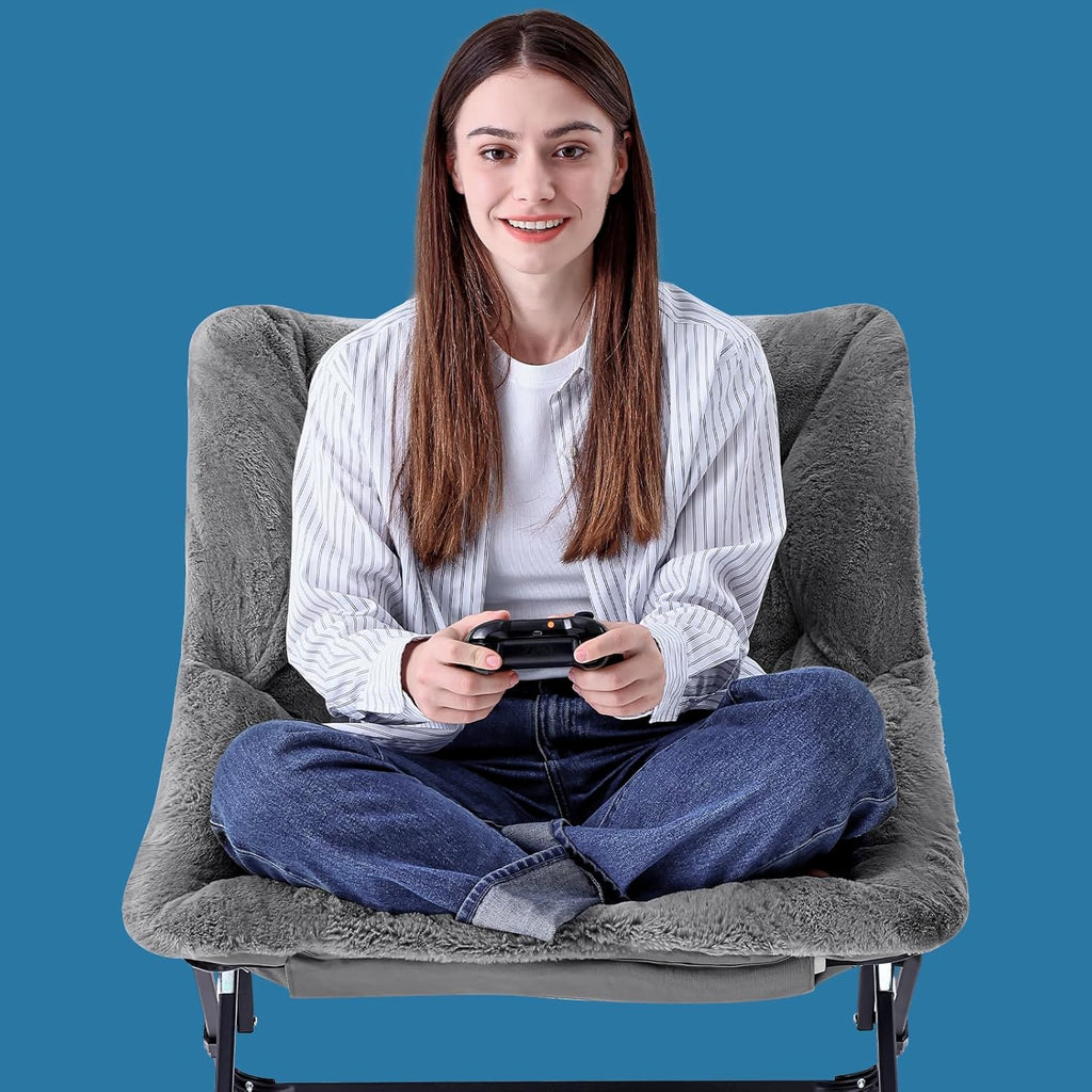OAKHAM Comfy Chair for Adults, Soft Faux Fur Folding Lounge for Bedroom Living Room Dorm Rooms Flexible Reading Chair for Teens Kids, X-Large Foldable (Faux Fur-Charcoal Gray)