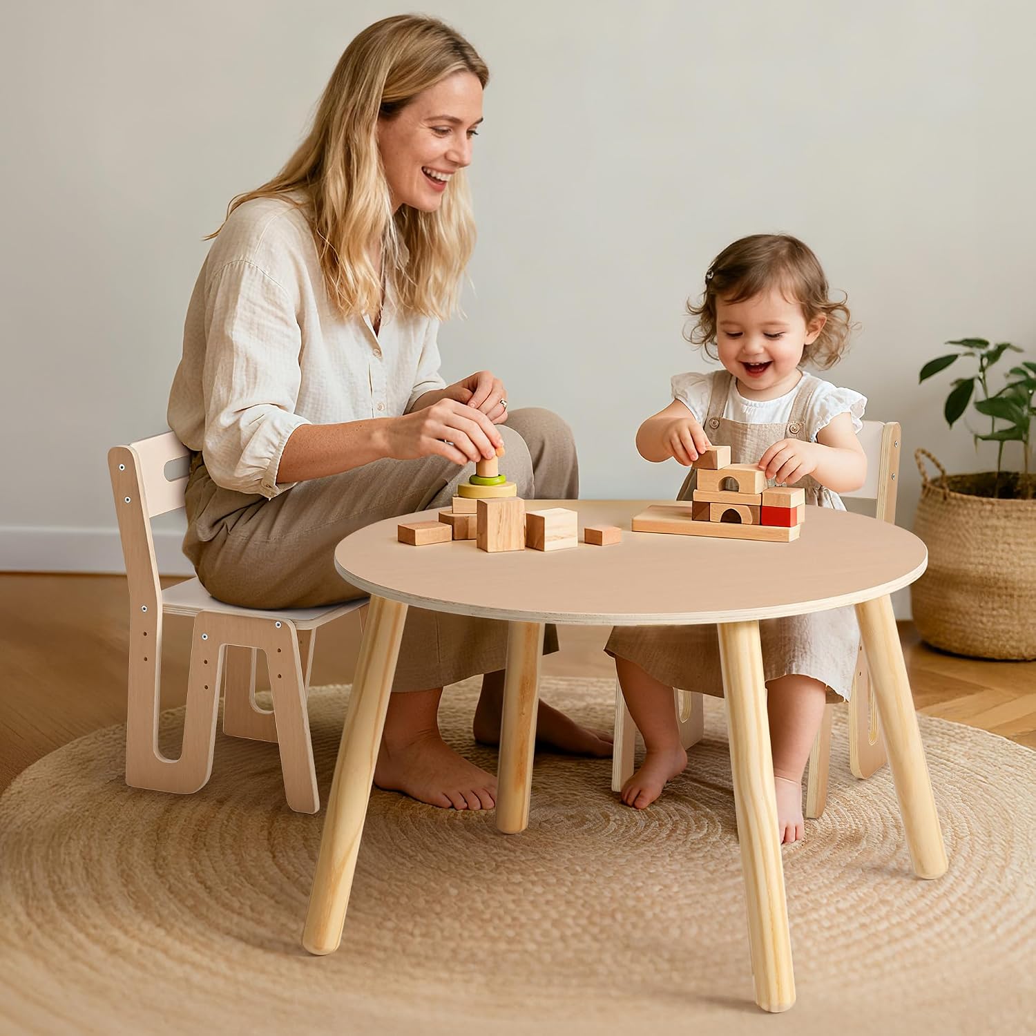 ROBOTIME Wooden Kids Table and Chairs, Adjustable Height Toddler Table and Chair Set, Round Kids Desk and Chair Set for Ages 3+, Sturdy Design, Easy to Clean, Perfect for Study, Playroom & Mealtime