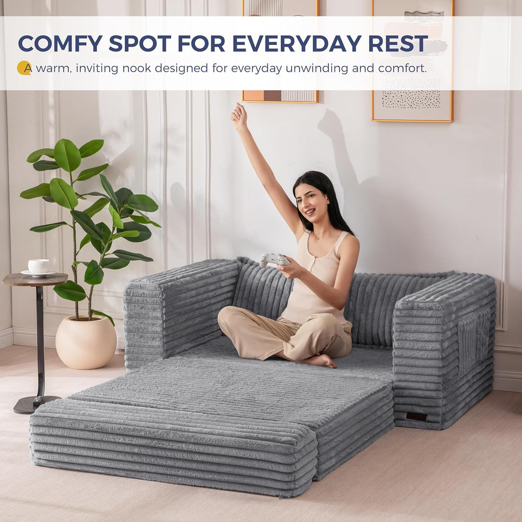 MAXYOYO Convertible Sofa Bed, 2 in 1 Folding Couch Bed for Small Space, Pull Out Loveseat Sofa Couch with Large Back Pillow, Plush Faux Fabric Lounge Couch for Living Room, Apartment, Grey
