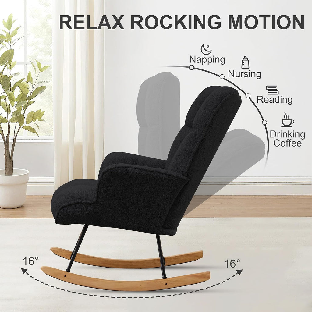 Zedachica Rocking Chair Nursery Teddy Upholstered Glider Rocker Rocking Accent Chair Padded Seat with High Backrest Armchair Comfy Side Chair for Living Room Bedroom Offices (Black Teddy)