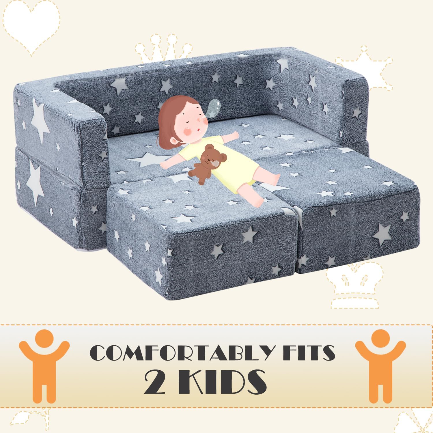 Kids Play Couch 3-in-1 Modular Toddler Baby Couches Foam Armchair for Boys & Girls Children Convertible Sofa to Lounger Fold Out Kids Furniture Sofa Play Set, Grow in The Dark Star
