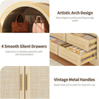 Armoire Wardrobe Closet with 4 Drawers - Wood Bedroom Armoires and Wardrobes with Rattan Doors for Hanging Clothes, Tall Clothing Cabinet Arched Closets for Cloak Room, Large Capacity Storage
