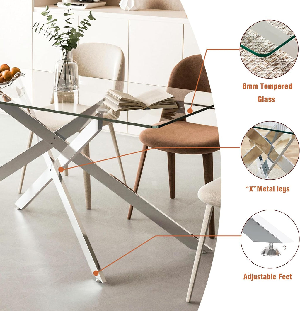 Henf 7 Piece Glass Dining Table Set for 6, 61" Modern Silver Kitchen Table and Chairs for 6, Rectangle Dining Room Table Set with 6 White Faux Leather Chairs for Small Space,Home, Apartment