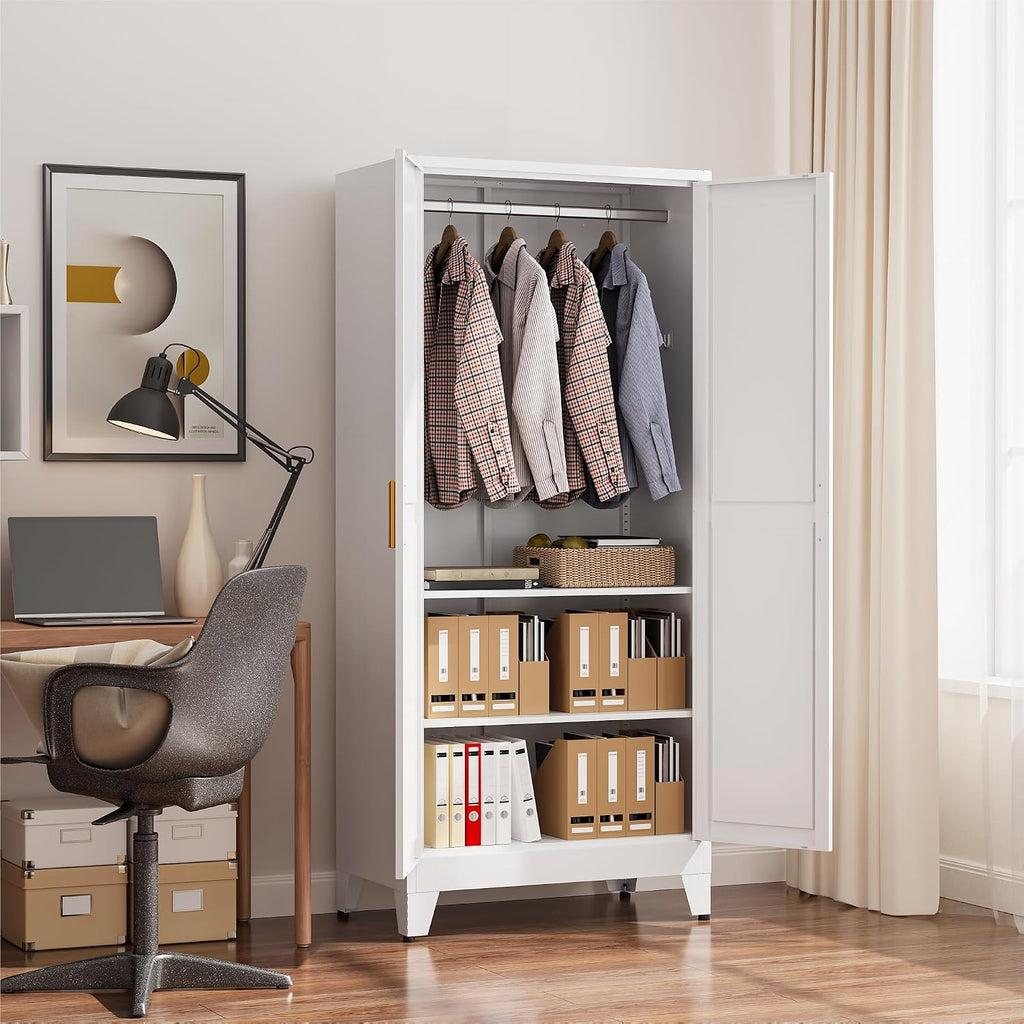 COFaR 71" Metal Wardrobe Closet with Adjustable Hanging Rod & 2 Shelves, Freestanding 2-in-1 Armoire Cabinet with Large Top/Bottom Storage, White Steel Closet Organizer