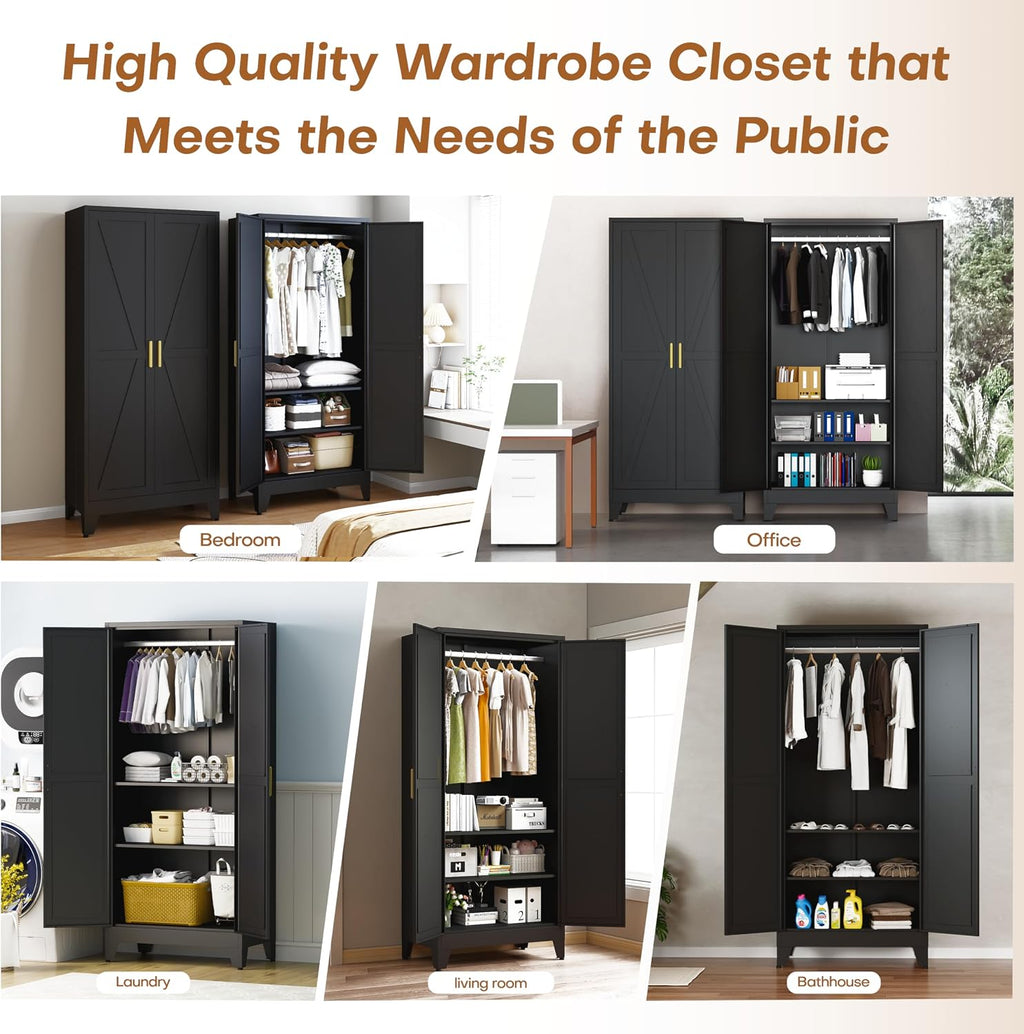 71" Armoire Wardrobe Closet, Metal Wardrobe Closet with Hanging Rod | Wardrobe Closet with Doors, Wardrobe Cabinet with Adjustable Shelves, Clothing Storage Cabinet for Bedroom, Office, Black