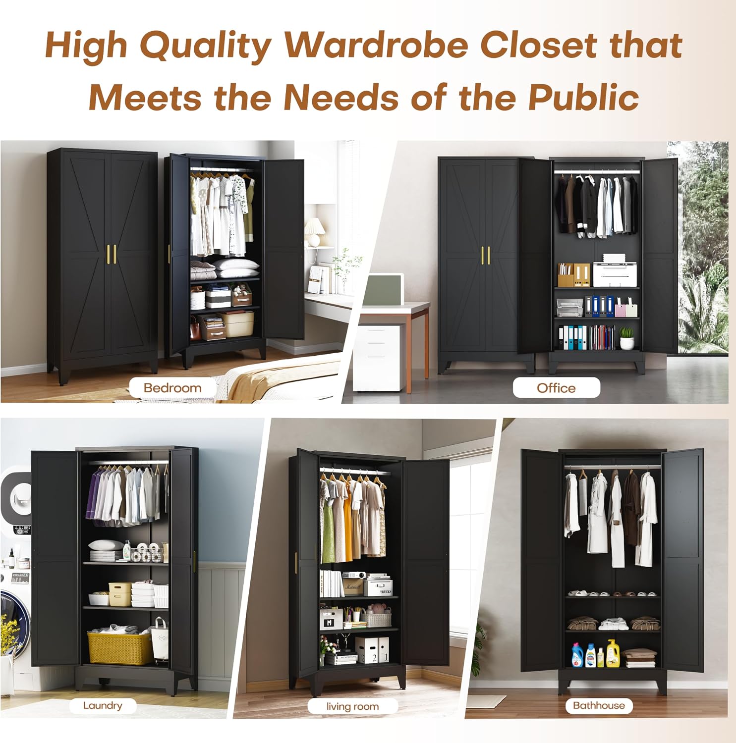 71" Armoire Wardrobe Closet, Metal Wardrobe Closet with Hanging Rod | Wardrobe Closet with Doors, Wardrobe Cabinet with Adjustable Shelves, Clothing Storage Cabinet for Bedroom, Office, Black