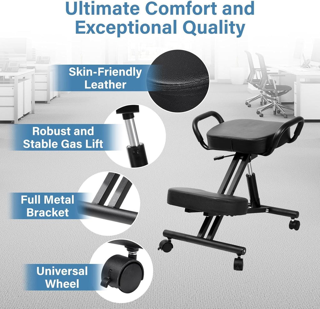 Ergonomic Kneeling Chair, Kneeling Chair with Locking Wheels, Adjustable Height Support Chairs, PU Computer Kneel Chairs for Living Room