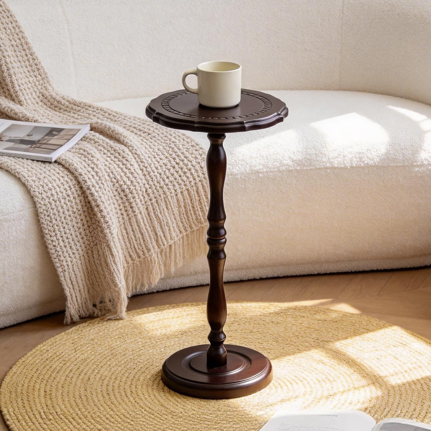 100% Solid Wood Small Side Table, Drink Table for Small Spaces, 25.6“ Round End Table Accent Nightstand for Bedroom, Living Room, Corners and Office, Brown